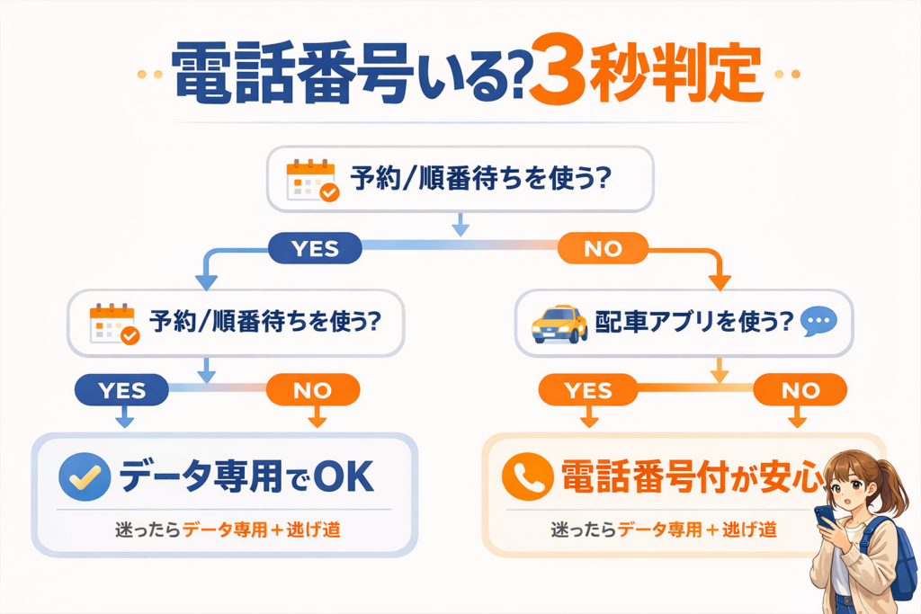 韓国eSIMの電話番号が必要かを3秒で判定する図解。予約・配車アプリ・SMS認証の3質問でデータ専用OKか電話番号付きが安心かを分岐
