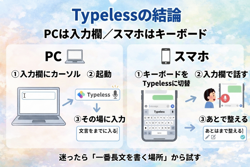 Typelessの使い方をPC/スマホ別にまとめた図解。PCは入力欄にカーソル→起動→その場に入力、スマホはキーボードをTypelessに切替→入力欄で話す→あとで整える流れを示す。