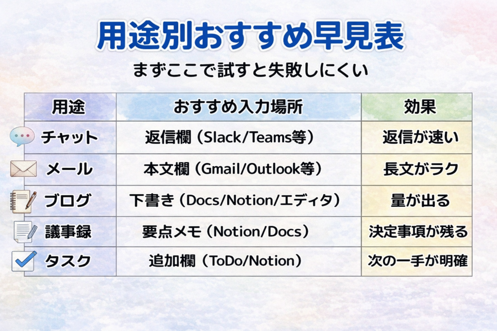 Typelessの用途別おすすめ早見表の図解。チャット・メール・ブログ・議事録・タスクごとに、試すべき入力場所（返信欄/本文欄/下書き/要点メモ/追加欄）と効果（返信が速い・長文がラク等）を一覧で示した表。