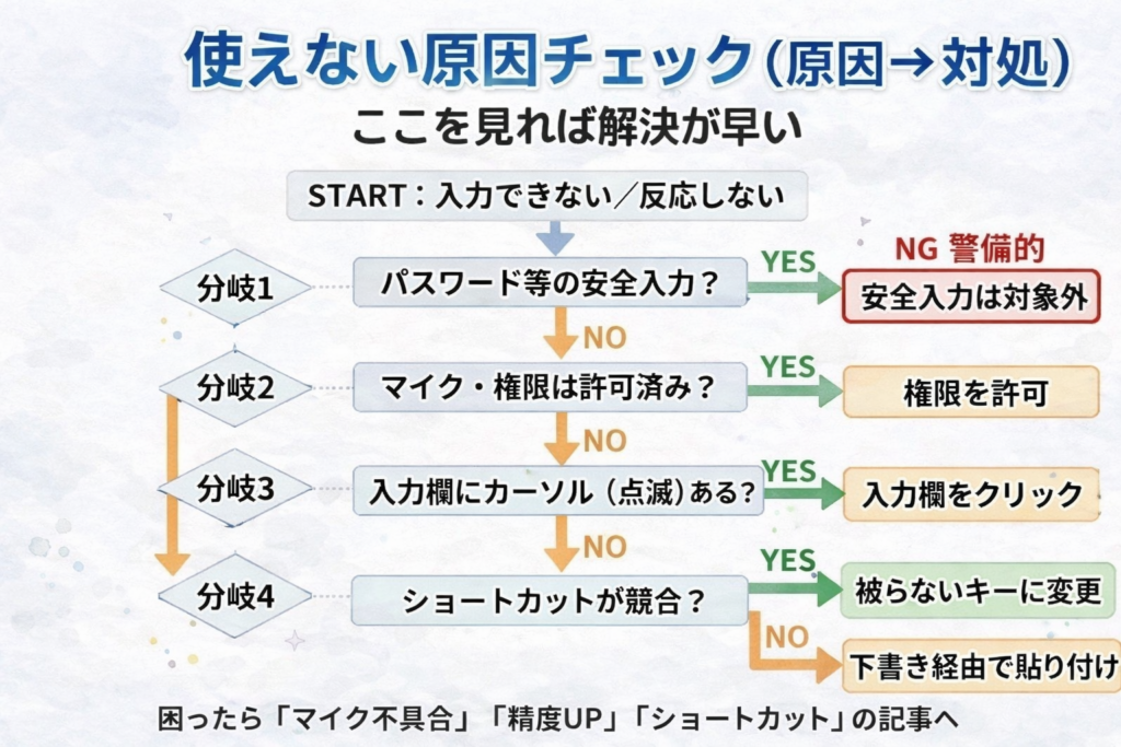 Typelessが使えないときの原因→対処をまとめたフローチャート図解。安全入力・権限許可・入力欄のカーソル有無・ショートカット競合を順に確認し、対応策（対象外/権限を許可/入力欄をクリック/キー変更/下書き経由）へ分岐する。