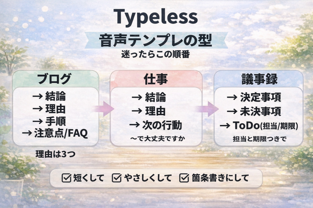 Typeless 活用例20選｜ブログ・仕事・議事録で使える音声テンプレ付きのアイキャッチ画像