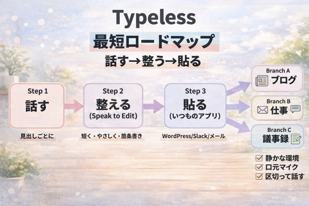 Typeless 最短ロードマップ図解｜話す→整える（Speak to Edit）→貼るでブログ・仕事・議事録に分岐