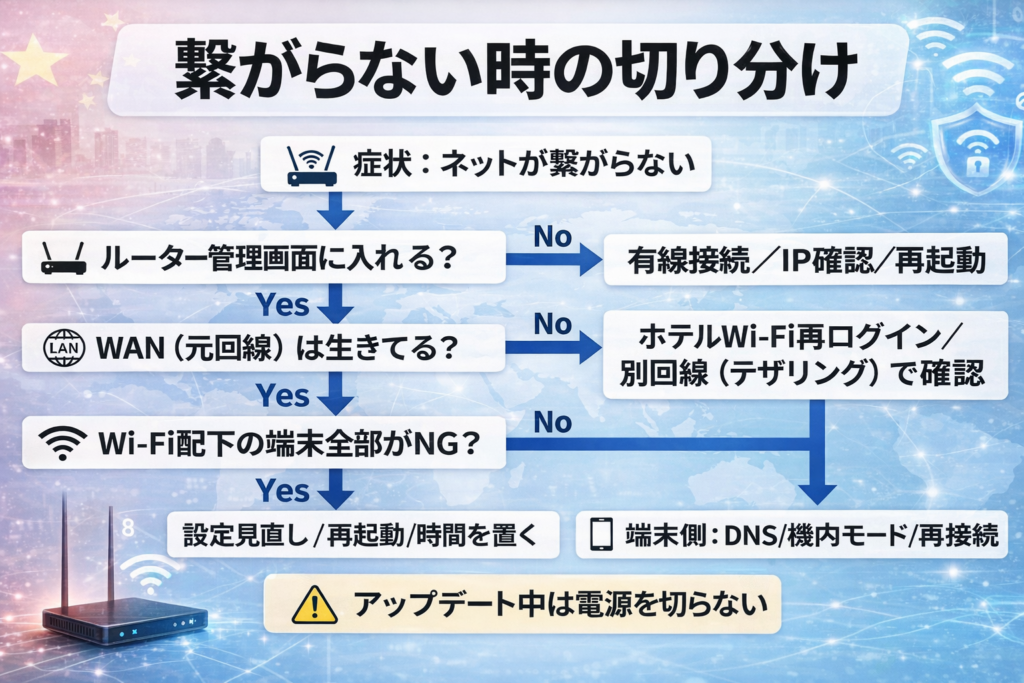 UCSS中国ルーターで繋がらない時の切り分け図｜管理画面・WAN・端末側の確認手順