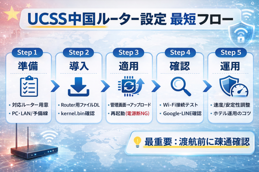 UCSS中国ルーター設定の最短フロー図｜準備→導入→適用→確認→運用の5ステップ