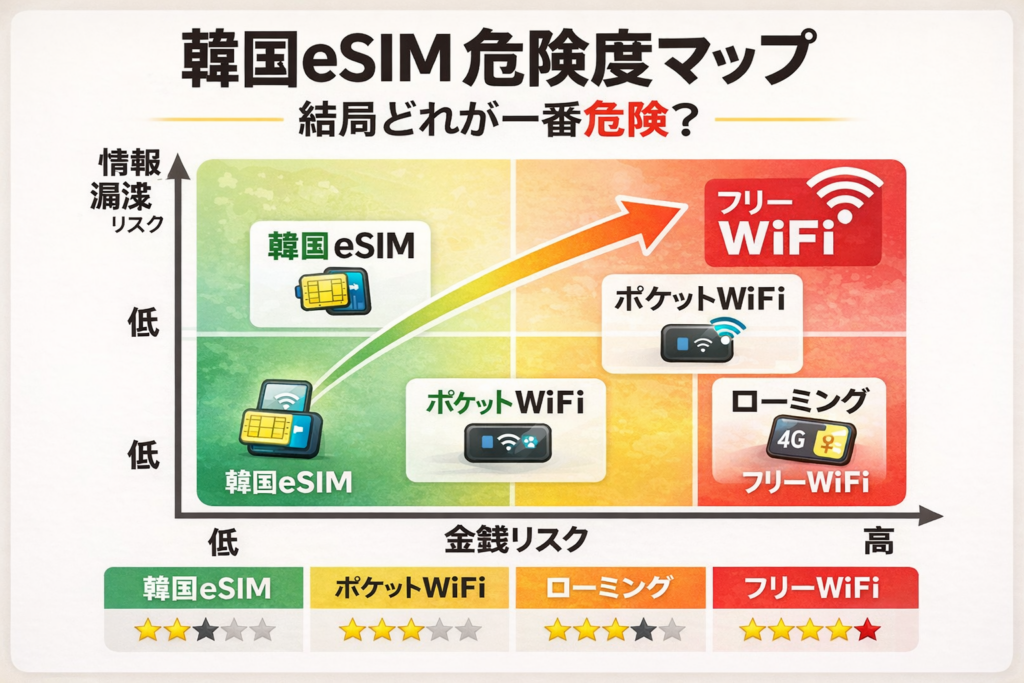 韓国eSIMとフリーWiFi・ポケットWiFi・ローミングの危険度比較マップ