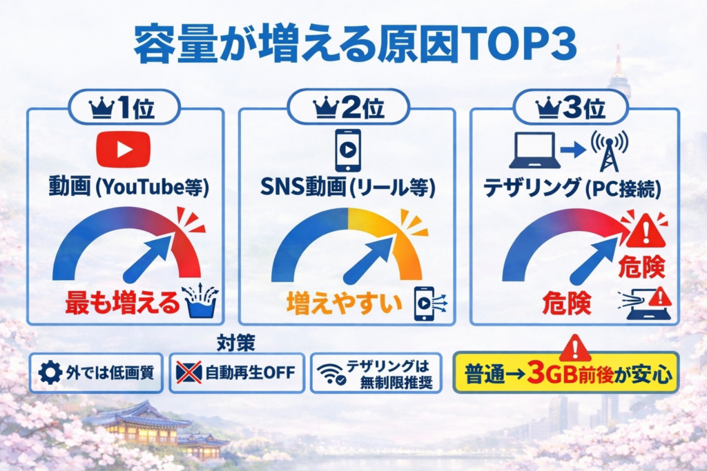韓国eSIMで容量が増える原因TOP3の図解（1位動画YouTube、2位SNS動画リール、3位テザリングPC接続）と対策（低画質・自動再生OFF・無制限推奨、普通は3GB前後が安心）