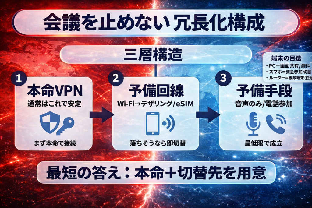 会議を止めない冗長化構成の図解：本命VPN・予備回線・予備手段の三層構造