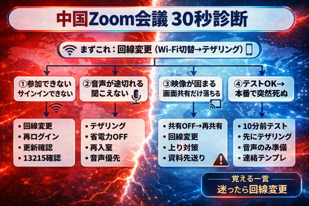 中国Zoom会議の30秒診断図：回線変更から症状別に最短復旧する手順