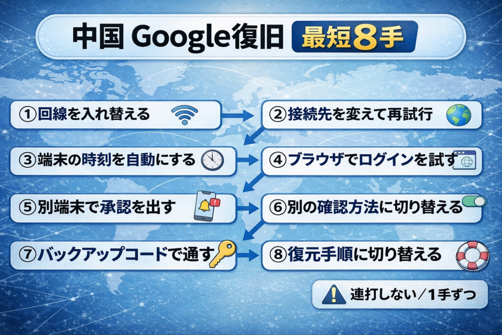 「中国 Google復旧 最短8手」のタイトルと、回線切替から復元手順まで8手順を矢印で並べた図解
