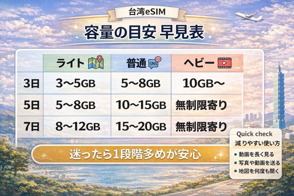台湾eSIMのデータ容量早見表と減りやすい使い方チェック