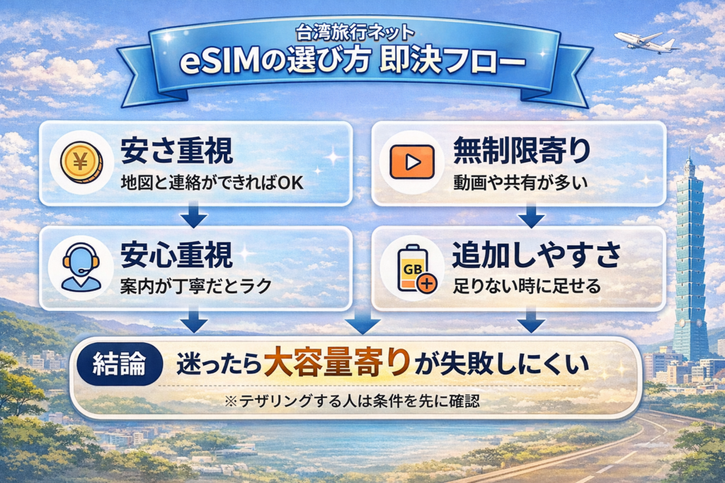 台湾eSIM選び方フロー｜安さ重視・無制限寄り・安心重視