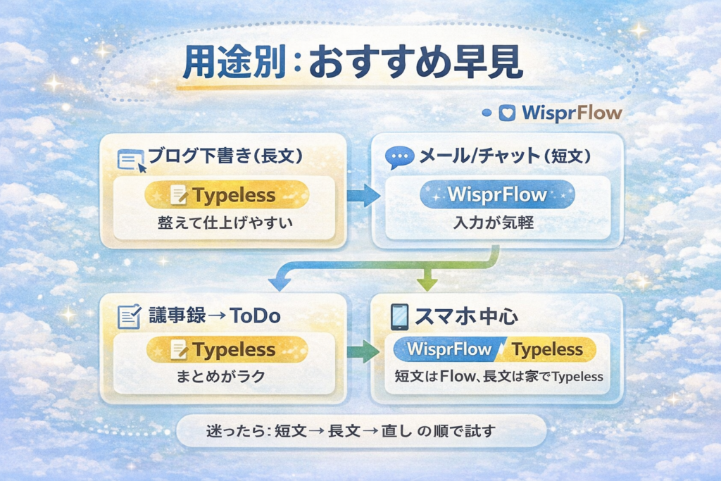 TypelessとWisprFlowの用途別おすすめ早見図（ブログ・短文・議事録・スマホ）