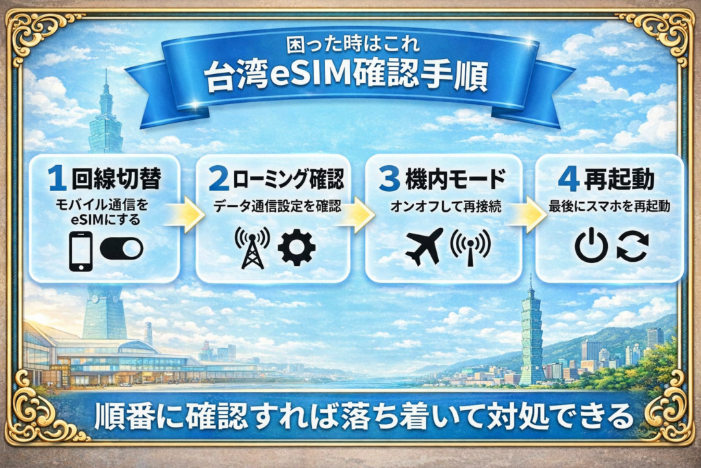 台湾eSIM設定タイミングの図解。出発前に準備し、現地到着後に回線切り替えとローミング確認を行う流れを示した画像