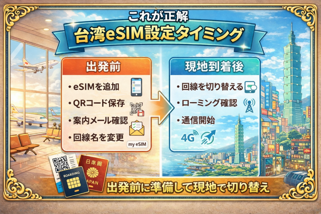 台湾eSIM設定タイミングの図解。出発前に準備し、現地到着後に回線切り替えとローミング確認を行う流れを示した画像