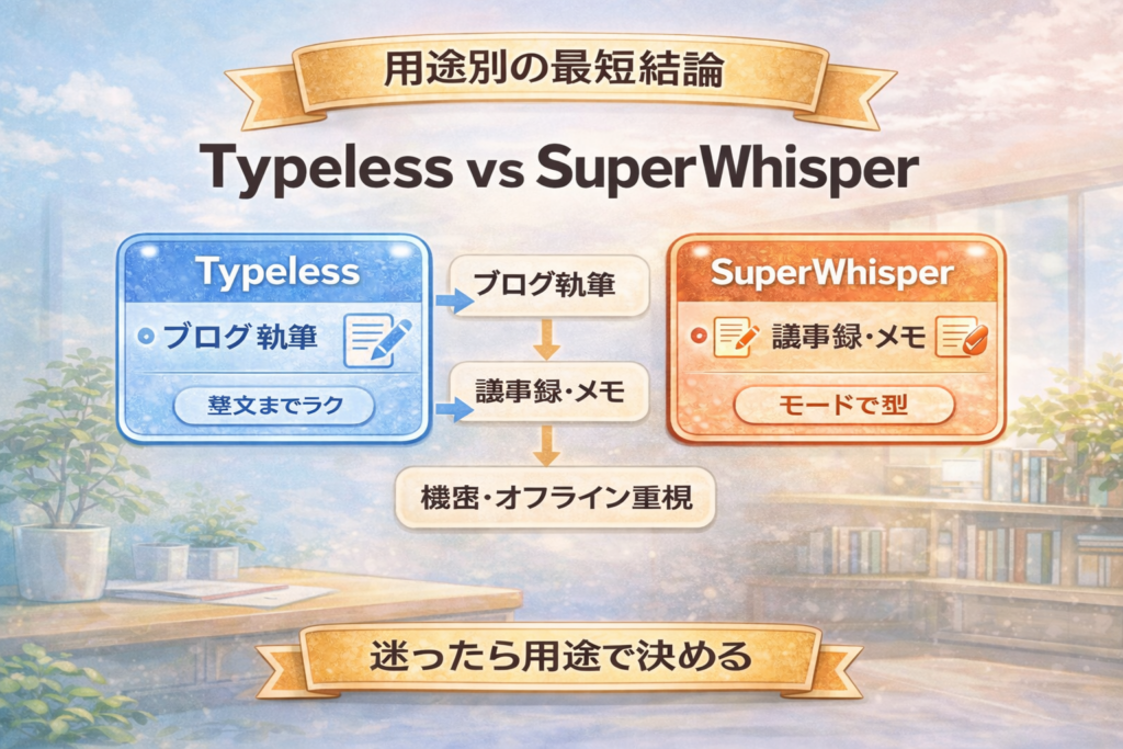 ブログ執筆・議事録・機密オフライン重視でTypelessとSuperWhisperを振り分ける図解