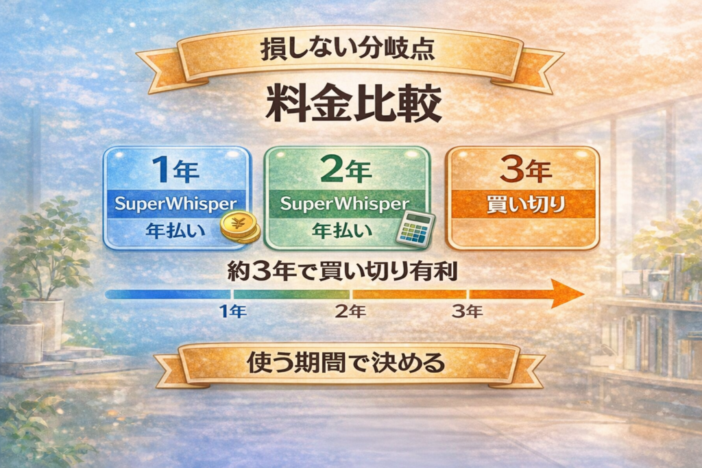 SuperWhisper年払いと買い切りの比較図解(約3年で有利)