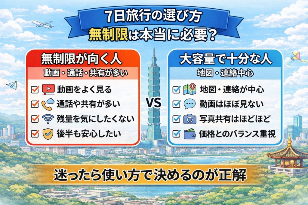 台湾eSIMは7日旅行で無制限が向く人と大容量で十分な人を整理した図解