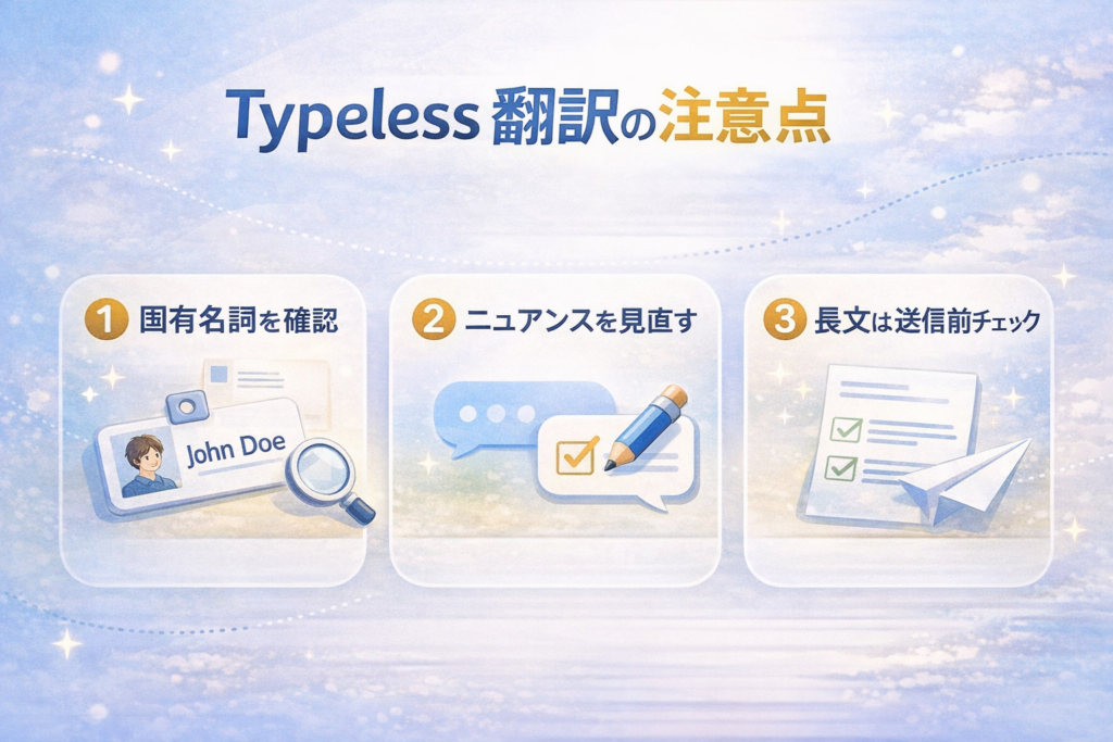 Typeless翻訳モードの注意点を3つに整理した図解
