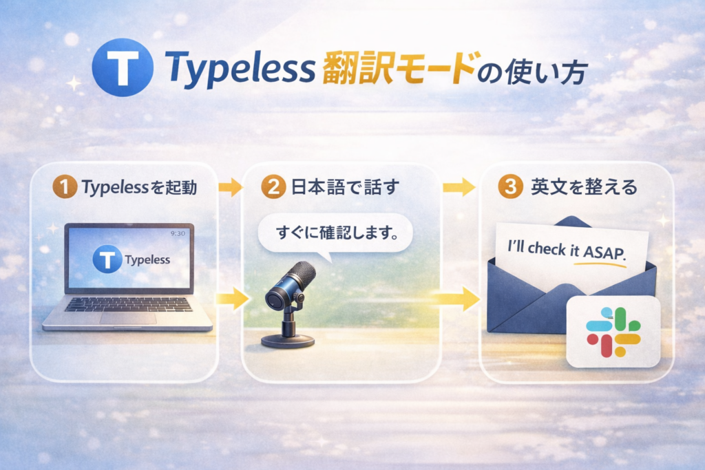Typeless翻訳モードの使い方を3ステップで示した図解