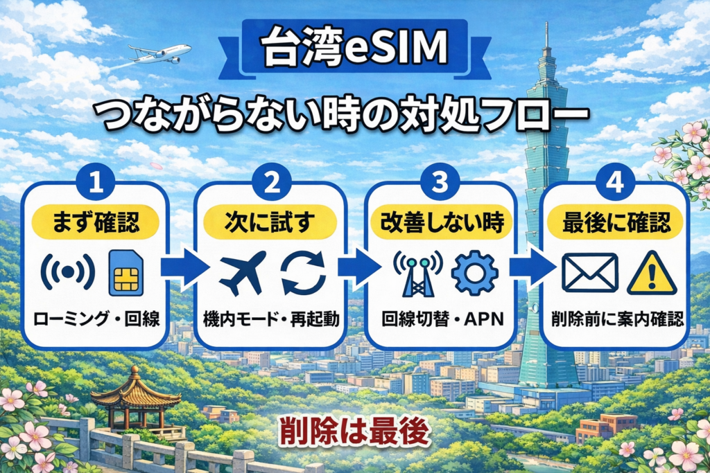 台湾eSIMがつながらない時の対処フローを解説する図解画像