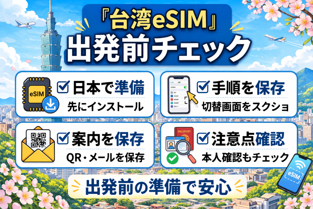 台湾eSIMの出発前チェック項目をまとめた図解画像