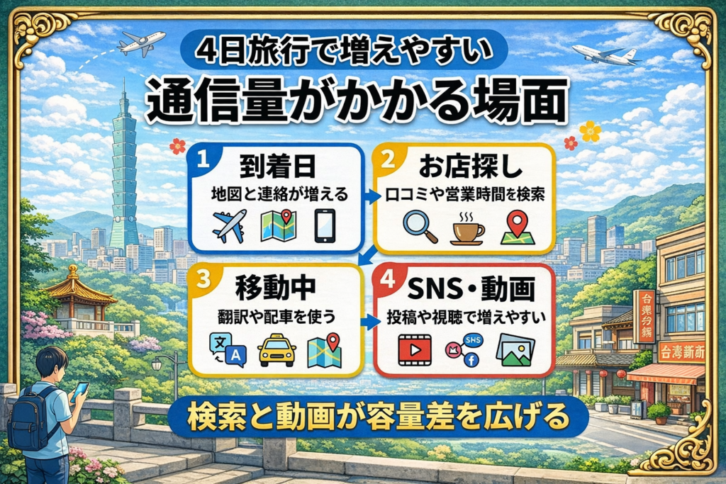 alt="台湾4日旅行で通信量が増えやすい場面を到着日・お店探し・移動中・SNS動画で整理した図解"