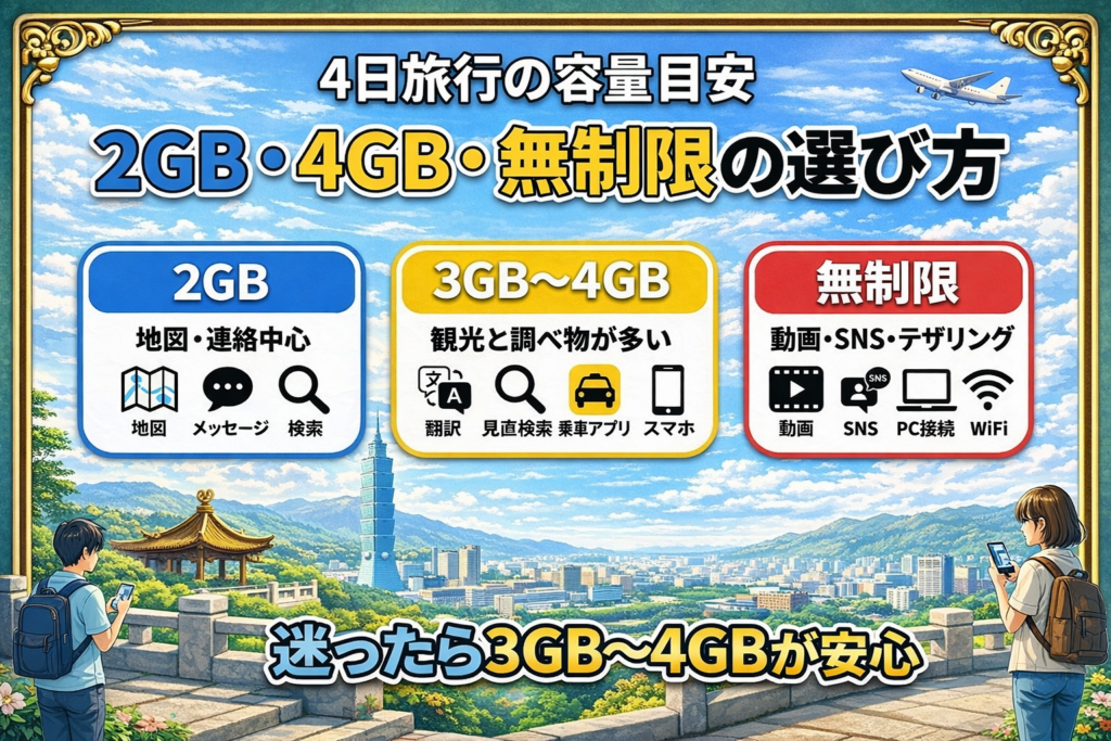 alt="台湾4日旅行のeSIM容量目安を2GB・3GB〜4GB・無制限で比較した図解"