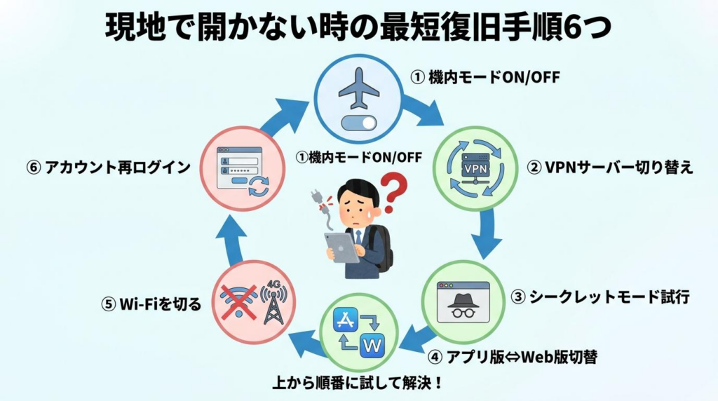 中国でChatGPTやGeminiが開かない時の最短復旧手順6つを示した図解