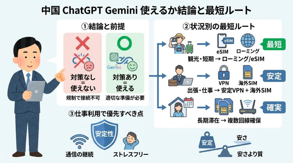 中国でChatGPTやGeminiを使う際の結論、状況別ルート、仕事利用で重視したい点をまとめた図解