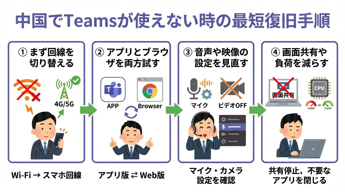 中国でTeamsが使えない時の最短復旧手順をまとめた図解