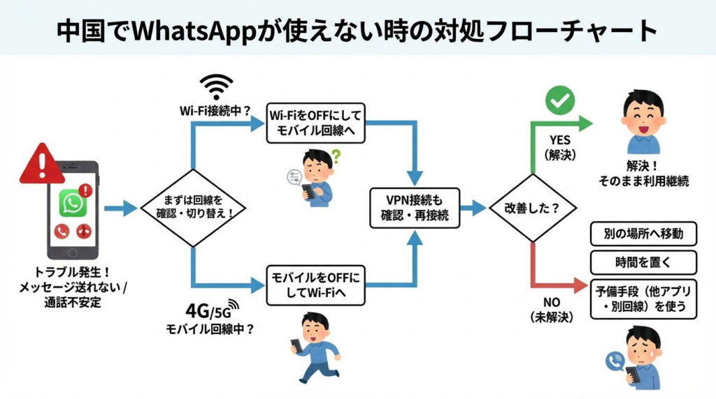 中国でWhatsAppが使えない時にWi-Fi切り替えやVPN再接続で対処する流れを示したフローチャート
