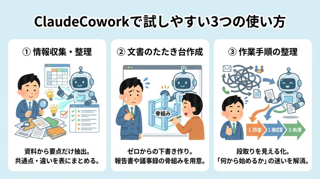 ClaudeCoworkで試しやすい3つの使い方をまとめた図解