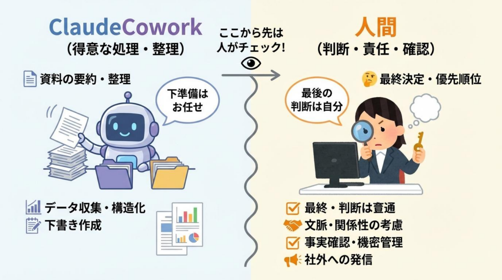 ClaudeCoworkが資料の要約や整理、下書き作成を担当し、最後の判断や確認、事実確認は人間が行うことを示した図解