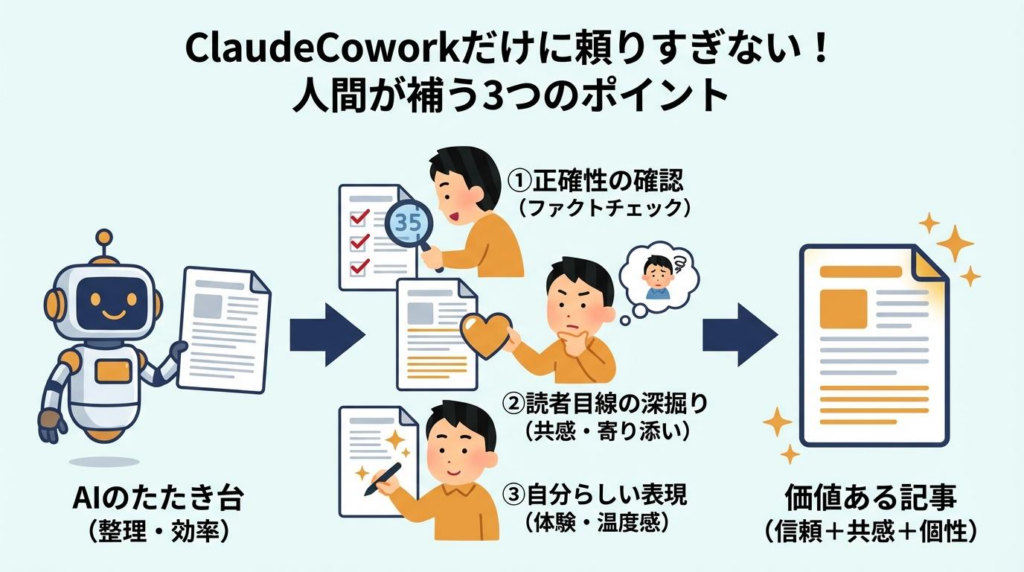 ClaudeCoworkだけに頼りすぎず人間が補うべき正確性確認、読者目線、自分らしい表現を示した図解