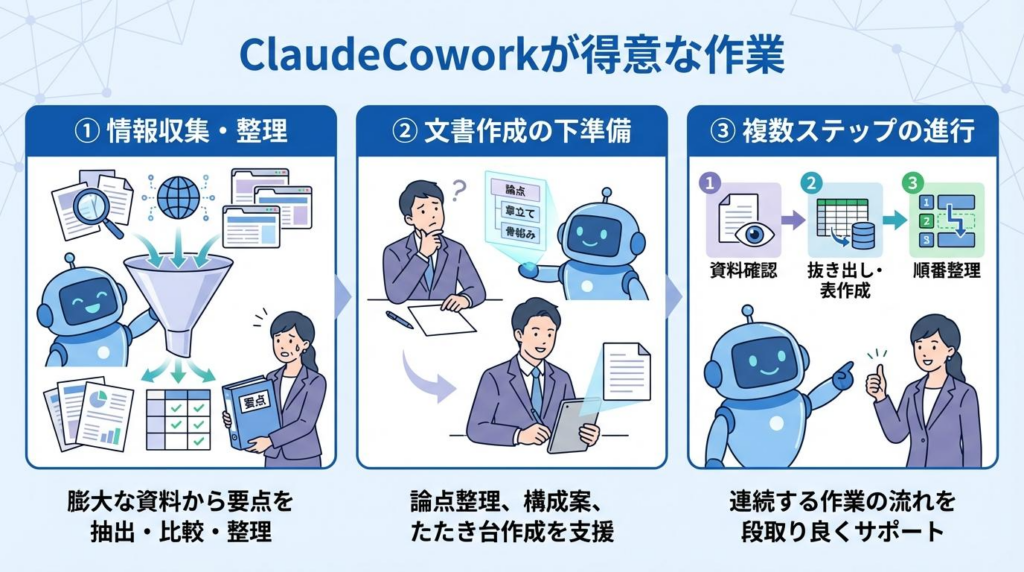 ClaudeCoworkが得意な作業として、情報収集・整理、文書作成の下準備、複数ステップの進行を示した図解