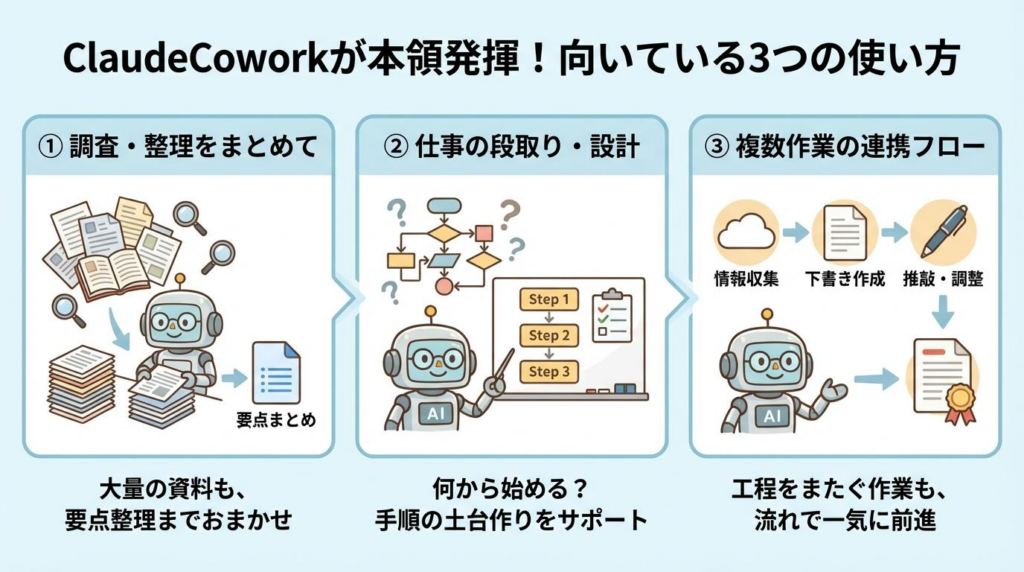 ClaudeCoworkが向いている3つの使い方を整理した図解