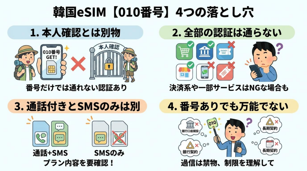 韓国eSIMの010番号にある4つの落とし穴をまとめた図