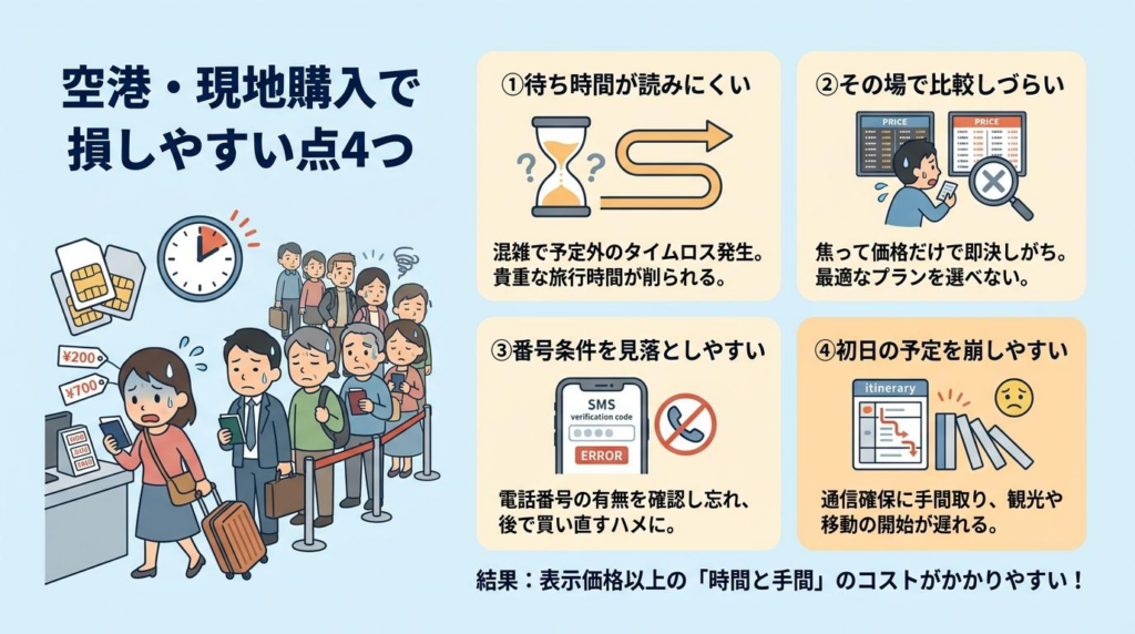 韓国eSIMを空港や現地で買う時に損しやすい点を4つに整理した図解