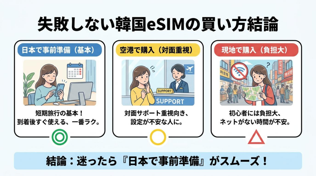 韓国eSIMの買い方の結論として、日本で事前準備・空港購入・現地購入の違いをまとめた図解