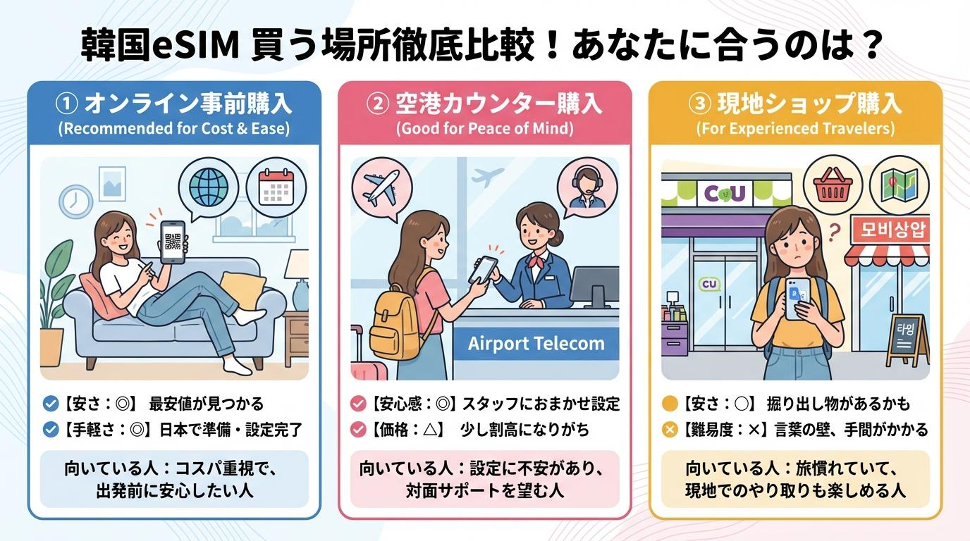 韓国eSIMの購入場所をオンライン事前購入・空港カウンター購入・現地ショップ購入で比較した図解