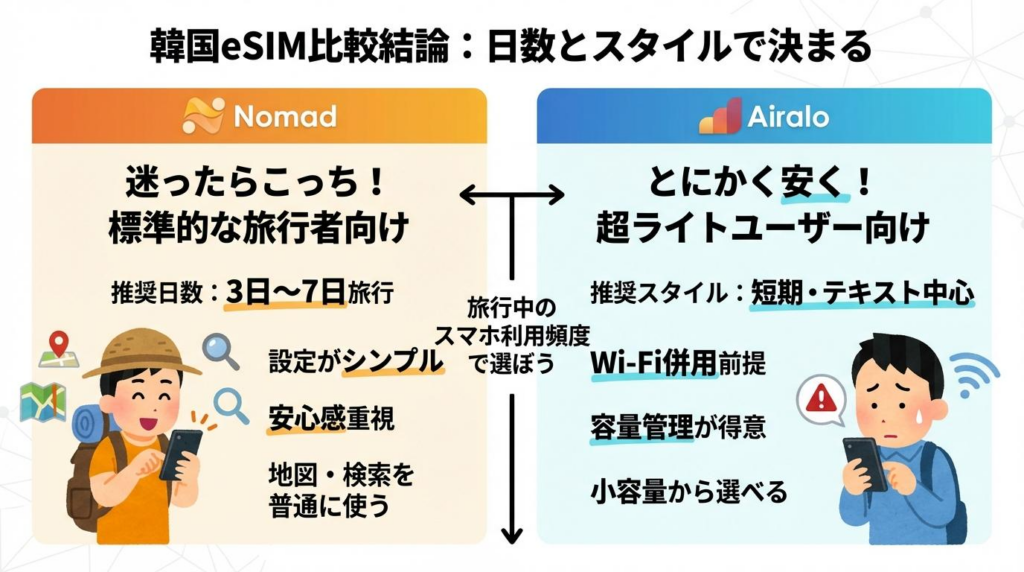 韓国eSIMでNomadとAiraloの向き不向きを比較した図解