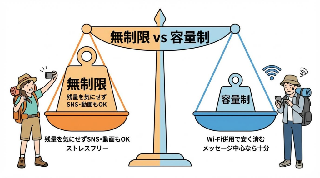 韓国eSIMの無制限プランと容量制プランの違いを比較した図解
