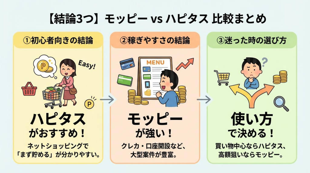モッピーとハピタス比較の結論3つをまとめた図解。初心者向きはハピタス、稼ぎやすさはモッピー、迷ったら使い方で選ぶと解説