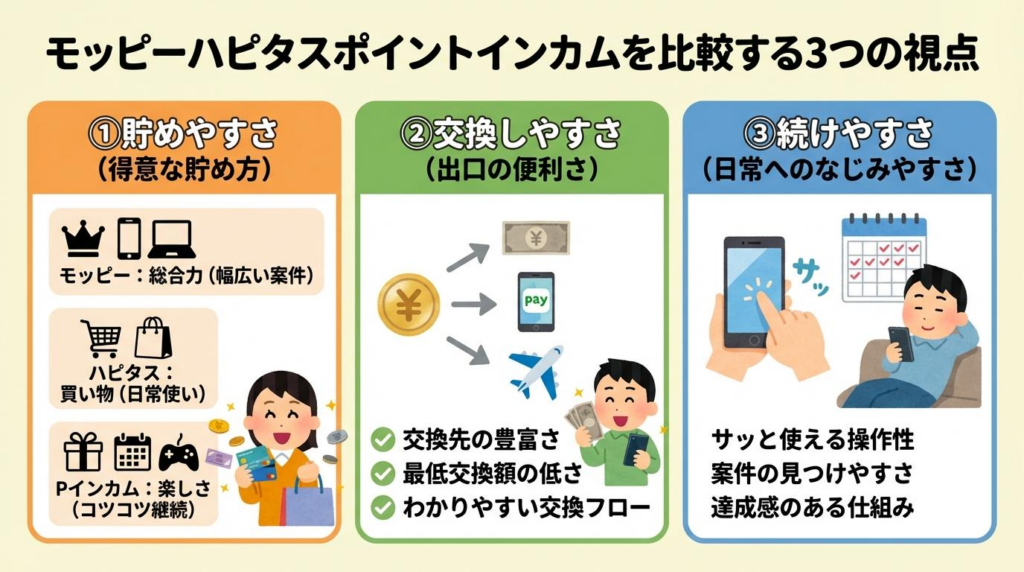 モッピー・ハピタス・ポイントインカムを貯めやすさ、交換しやすさ、続けやすさの3つの視点で比較した図解