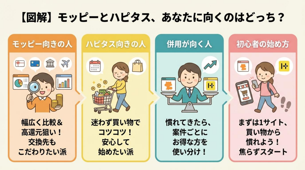 モッピーとハピタスが向く人をまとめた図解。モッピー向き、ハピタス向き、併用向き、初心者の始め方を整理