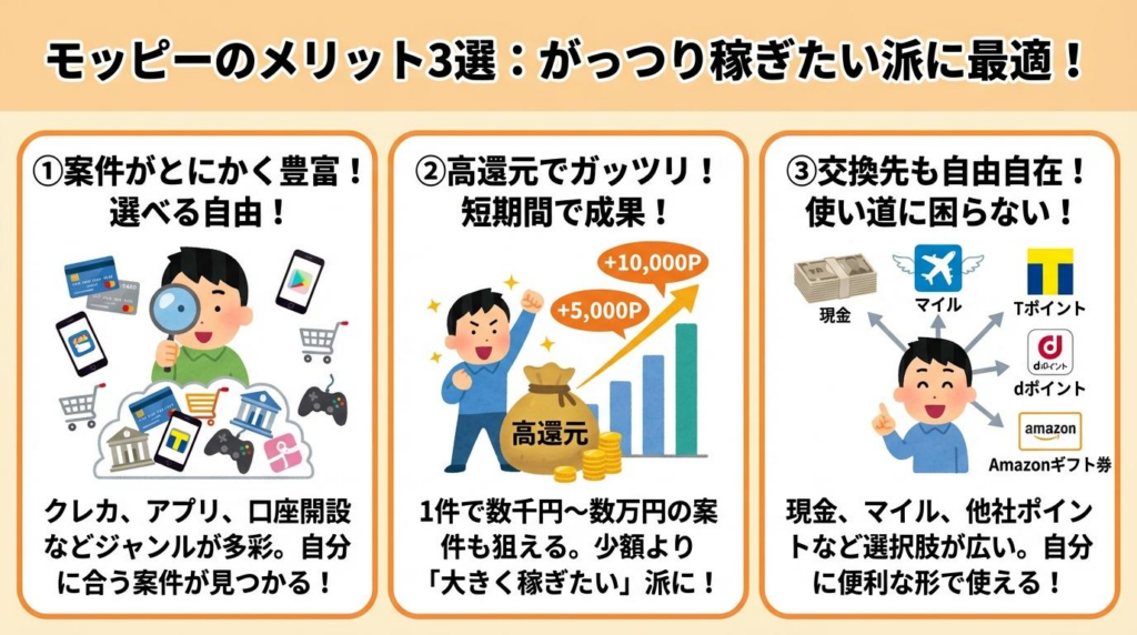 モッピーのメリット3選をまとめた図解。案件数の多さ、高還元の狙いやすさ、交換先の豊富さを紹介