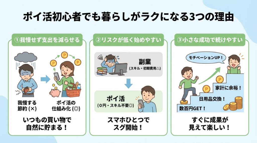 ポイ活初心者でも暮らしが楽になる3つの理由を解説した図解
