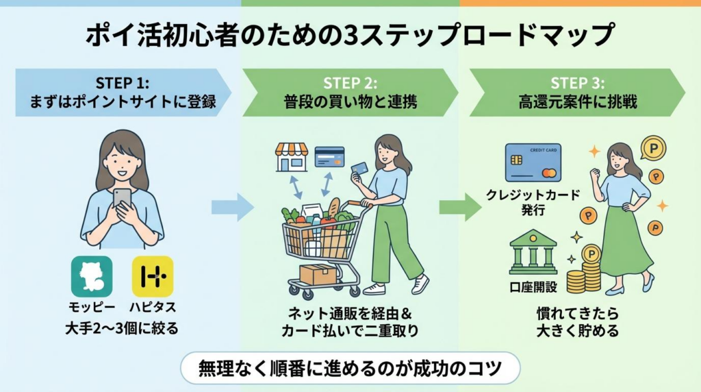 ポイ活初心者の始め方を3ステップで解説したロードマップ図解