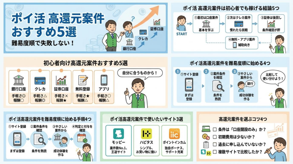 初心者向けのポイ活高還元案件5ジャンルを比較した図解