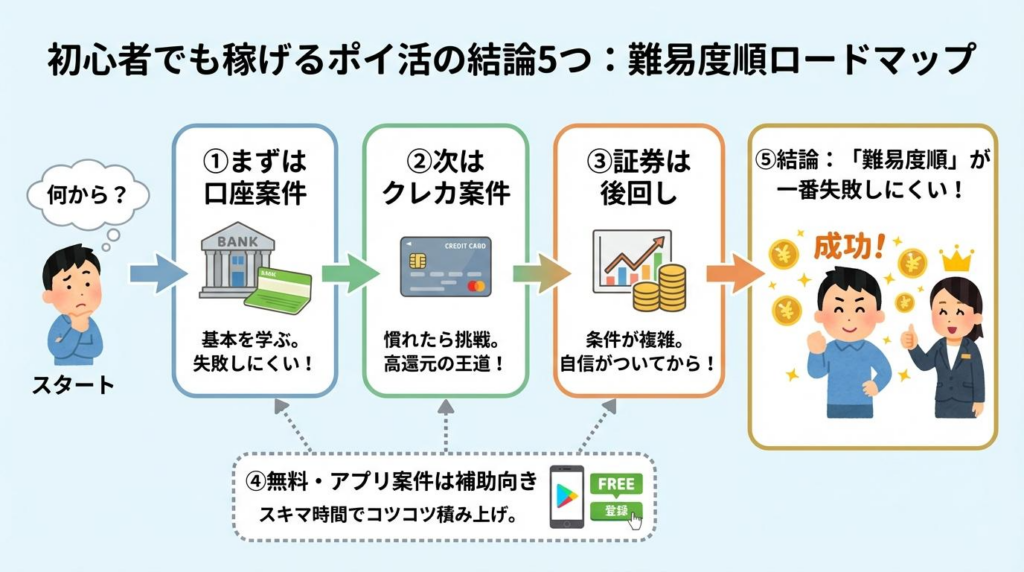 ポイ活高還元案件を初心者向けに難易度順で進めるロードマップ図解